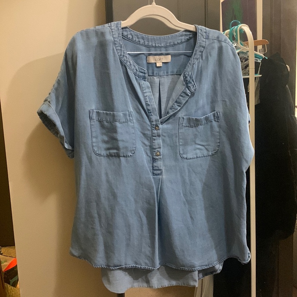 LOFT Collarless Chambray Top